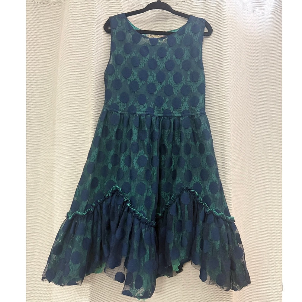 Girls' Teal and Navy Polka Dot Ruffled Formal Dress